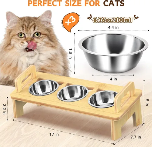 Miniatura 2 de Tazón Elevado de Comida para Gatos, 3 Cuencos Elevados de Acero Inoxidable para Gatos con Soporte, Cuenco Inclinado 15° para Perros Pequeños