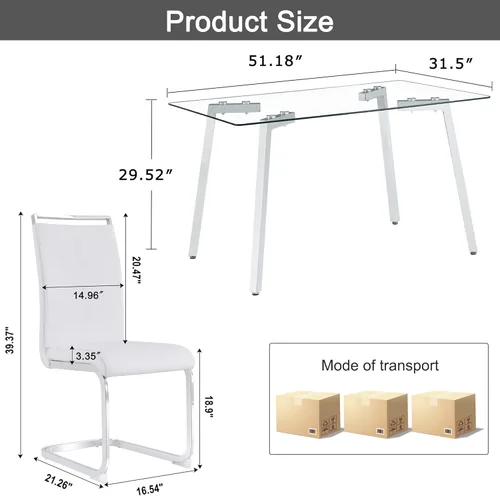 Miniatura 2 de Juego de mesa de comedor de cristal para 4, mesa rectangular con 4 sillas de cocina de cuero blanco, juego de comedor de cocina de 51 pulgadas, mesa