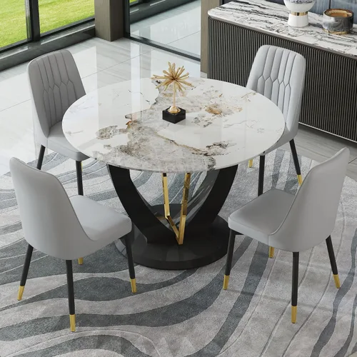 Miniatura 35 de Juego de mesa de comedor redonda para 4, mesa moderna de 48" con tapa de mármol sintético falso y pedestal brillante negro, juego de mesa de cocina