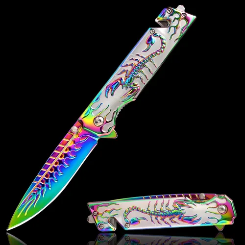 Vividstill Cuchillo de bolsillo para hombres, cuchillo plegable arcoíris genial con patrón en relieve 3D, gran regalo de cuchillo EDC para hombres,