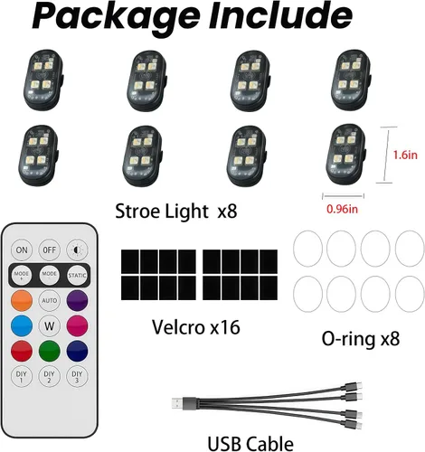 Miniatura 8 de 8 luces estroboscópicas LED inalámbricas con control remoto, RGB 8 colores multifunción, carga USB, impermeable, anticolisión, advertencia trasera
