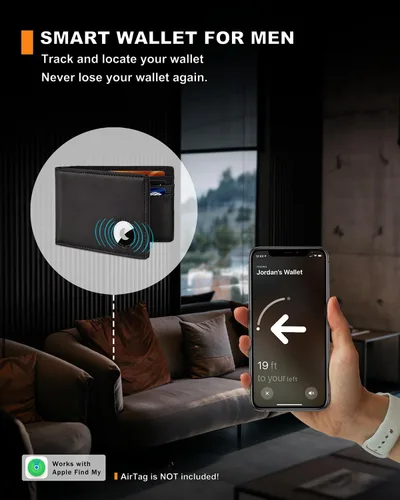 Miniatura 26 de Billetera AirTag para hombre, de piel auténtica plegable con bloqueo Rfid AirTag con ranuras para efectivo y ventana de identificación, compatible