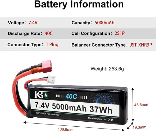 Miniatura 2 de KBT 2S 7.4V LiPo - Batería de alta tasa de descarga, 40C (burst 80C) 5000mAh batería recargable de polímero de litio con enchufe en T para coche RC