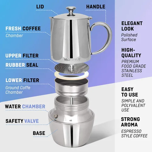Miniatura 2 de VeoHome Cafetera espresso para estufa - l olla de inducción de acero inoxidable con múltiples estufas (10.1 fl oz)