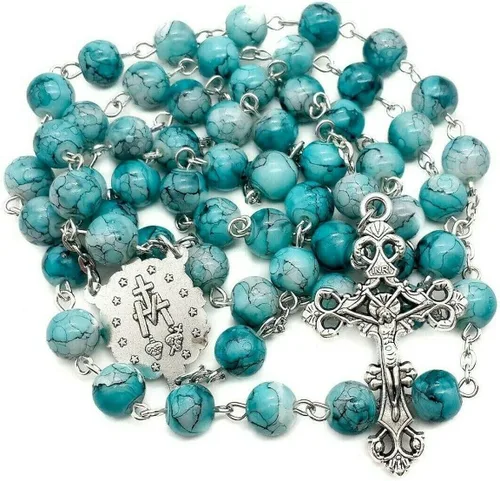 Nazareth Store Rosario de cristal cristalizado turquesa con cuentas de rosario católico con medalla milagrosa y cruz de acero inoxidable Vidrio No