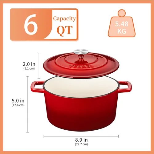 Miniatura 6 de Velaze Horno Holandés de Hierro Fundido Esmaltado de 6 QT, Olla de Doble Asa con Tapa, Horno Redondo Antiadherente de Servicio Pesado para Hornear