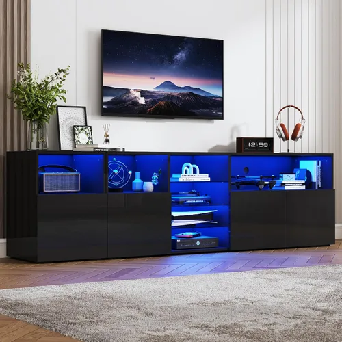 Miniatura 3 de Hlivelood Soporte de TV LED para TV de 85 pulgadas, Soporte de TV moderno con toma de corriente, Centro de entretenimiento con consola de TV moderna