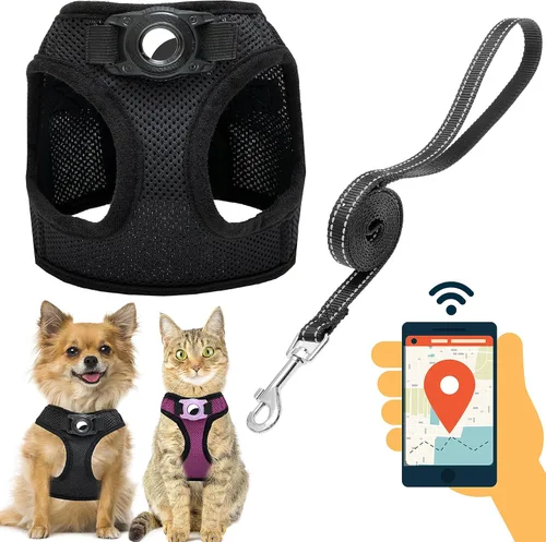 Arnés para perro con soporte para Airtag para perros pequeños, cachorros, gatos, arnés para perros pequeños sin tirones y correa reflectante para