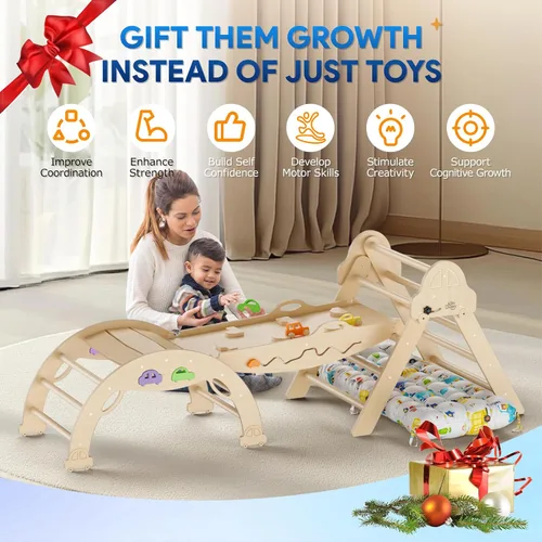 Miniatura 9 de Conjunto de Triángulo Pikler con Cojín 9 en 1 Plegable Juguetes de Escalada Montessori para Niños Pequeños 1-3 Parque Infantil de Madera