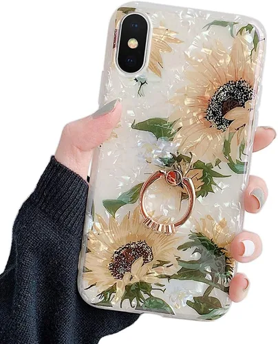 Miniatura 9 de Qokey - Funda compatible para iPhone XR, hermoso diseño de flores, para mujer y niña, con anillo giratorio de 360 grados, TPU suave, a prueba