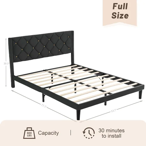 Miniatura 2 de Base de cama de plataforma de tamaño matrimonial con cabecera de terciopelo, soporte de listones de madera resistente, base de colchón, no requiere