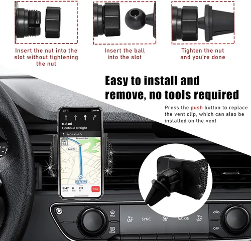 Miniatura 5 de Bling Soporte de Teléfono para Coche, Soporte de Teléfono Ajustable en 360 Grados de Cristal para Salpicadero y Ventilación de Coche, Soporte