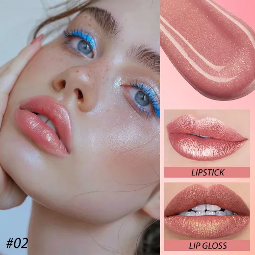 Miniatura 2 de evpct Juego de lápiz labial y brillo de labios 2 en 1 con purpurina color rosa nude metálico brillante para mujeres, de larga duración, impermeable