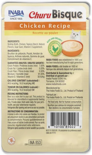 Miniatura 7 de INABA Churu Bisque para gatos, plato de puré cremoso para lamer con vitamina E, 1.4 onzas por bolsa, 12 bolsas, receta de pollo