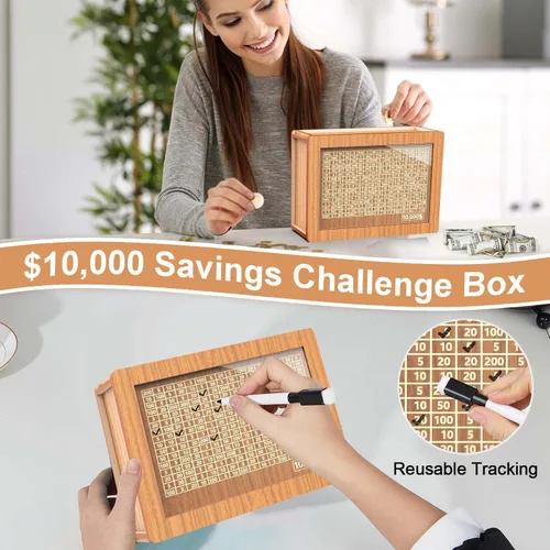 Miniatura 4 de Alcancía para adultos y niños, banco de monedas de madera para niños y niñas, caja fuerte de efectivo caja de ahorro de dinero con contador, caja