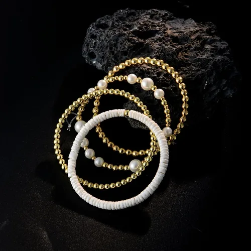 Miniatura 6 de Pulsera de cuentas de oro para mujer, apilable, chapada en perlas, juego de pulseras elásticas para mujer, a la moda