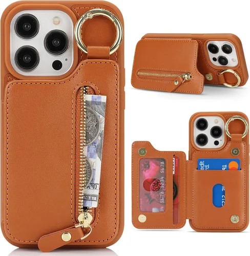 Miniatura 10 de Havaya Funda para iPhone 13 Pro con tarjetero y llavero, soporte de cuero, a prueba de golpes, con ranuras para tarjetas de crédito, cremallera