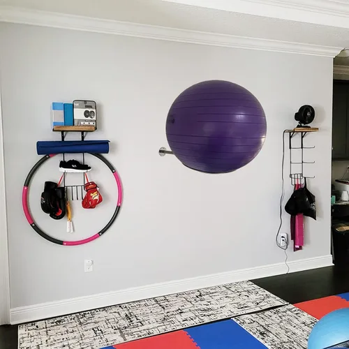 Miniatura 6 de Soporte de bola de ejercicio de acero inoxidable montado en la pared, estante resistente para pelotas de yoga, soporte de exhibición de bolas