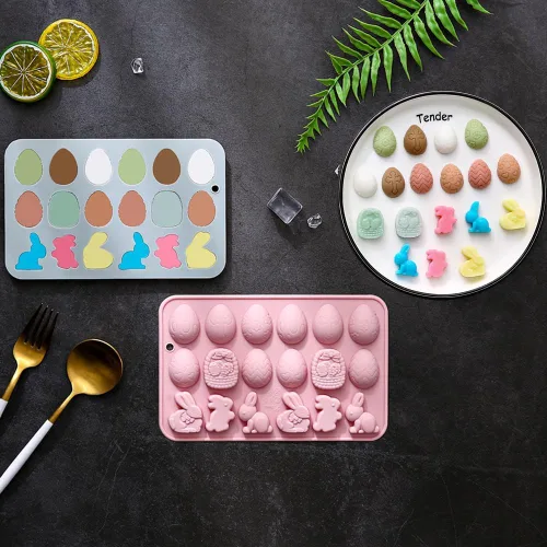 Miniatura 8 de Paquete de 2 moldes de chocolate para gomitas de Pascua, 18 cavidades, huevo, conejo, dulces, bandeja para hornear pastel de chocolate, postre