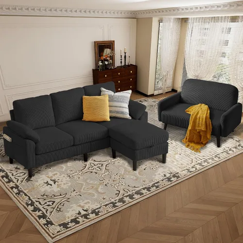 Juego de sofá seccional de corduroy con otomano de almacenamiento y sofá cama, sofá en forma de L de 3 plazas con otomano de almacenamiento oculto,