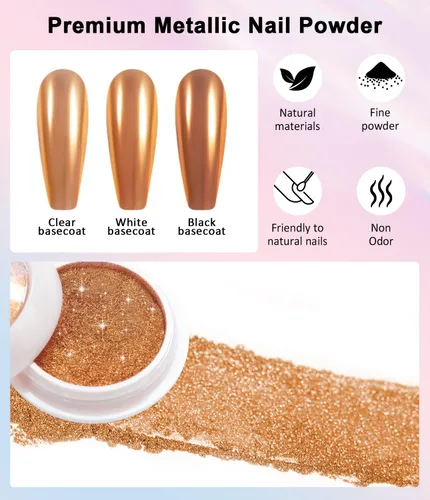 Miniatura 5 de 2 piezas de polvo de uñas cromado: polvo de uñas cromado cobre efecto espejo, espejo metálico, polvo de uñas naranja cromado para decoración