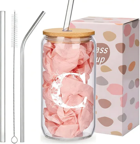 Miniatura 9 de Regalos personalizados para mujeres, tazas de vidrio con monograma con tapas y pajitas, regalos personalizados para mujeres, vasos de café helado