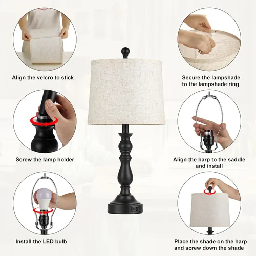 Miniatura 9 de Juego de 2 lámparas de mesa de granja de 23 pulgadas para sala de estar, con puertos USB C+A, lámpara de noche retro para dormitorio, oficina, negro