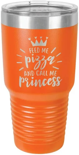Miniatura 14 de Vaso grabado con pajita y tapa superior deslizante de acero inoxidable para viaje con texto en inglés "FEED ME PIZZA AND CALL ME PRINCESS