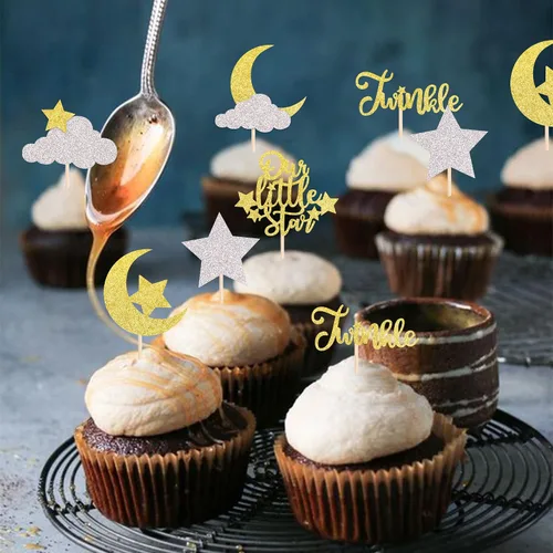 Miniatura 6 de Paquete de 24 adornos para cupcakes con purpurina de luna, nube, estrellas, estrellas, baby shower, niños, cumpleaños, boda, fiesta, decoración