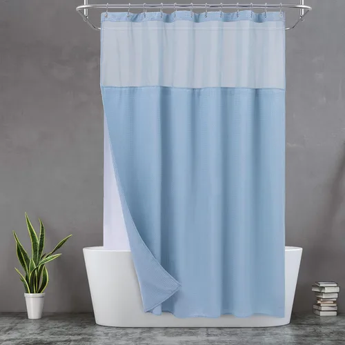 N&Y HOME - Cortina de ducha de punto gofre con forro de tela a presión y juego de ganchos, estilo hotel, impermeable y lavable, de tela pesada y con