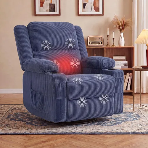 Miniatura 11 de Silla reclinable giratoria de 360 grados con calor y masaje, planeador reclinable manual de pana suave con puerto USB, 2 portavasos y 4 bolsillos