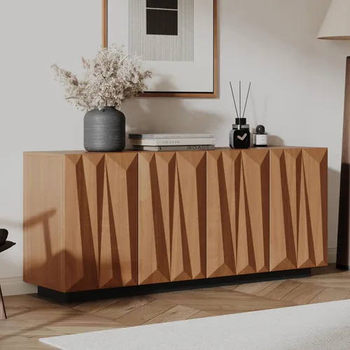 Miniatura 3 de Aparador geométrico contemporáneo de 60 pulgadas con puertas triangulares 3D y base flotante, gabinete de almacenamiento de credenza de nogal claro