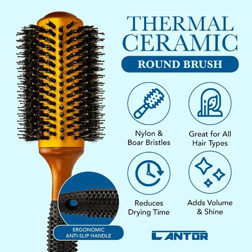 Miniatura 3 de Cepillo de pelo profesional antiestático con cerdas de jabalí, barril térmico de cerámica para peinar y secar con soplado, 14 filas, para cabello