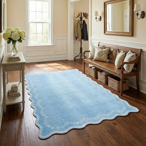 Miniatura 30 de GarveeHome Alfombra de entrada festoneada, 2 x 3, color azul sólido, lavable, alfombra floral para entrada interior, alfombra floral antideslizante
