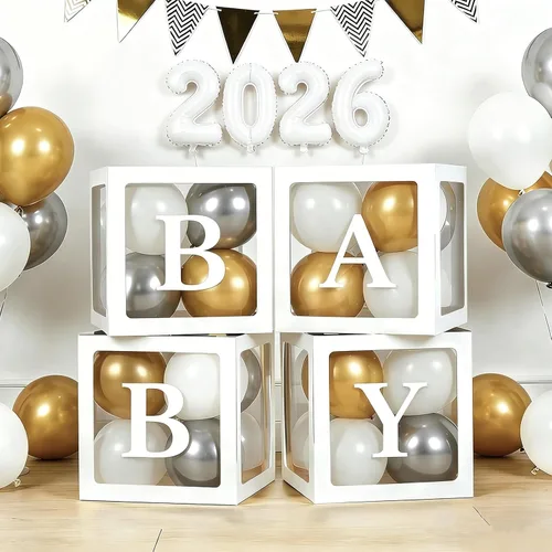 Miniatura 17 de Cajas de bebé con letras para baby shower, 4 cajas de globos transparentes con 60 letras para decoraciones de revelación de género, bloques de bebé