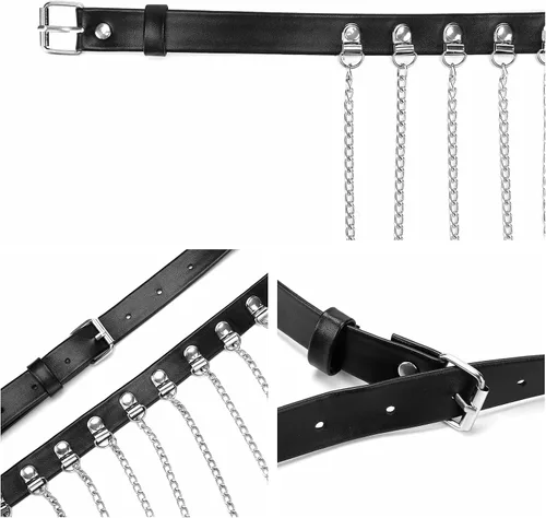 Miniatura 6 de Ayliss Cinturón de cadena de cintura punk para mujer, borla de metal, piel sintética, vintage, rockero, cinturón de vestir para jeans, pantalones