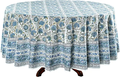 Miniatura 7 de Ridhi Mantel redondo de algodón reutilizable con estampado de bloque a mano, color verde espárragos, 60 pulgadas, mantel decorativo para uso diario