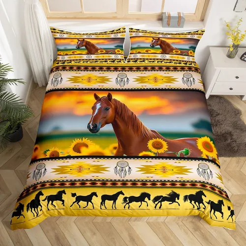 Miniatura 44 de Juego de funda de edredón con diseño de caballos, atrapasueños para niños, adolescentes, hombres, funda de edredón con estampado de caballos