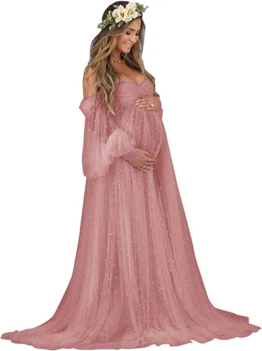 yinyyinhs Vestido de maternidad de tul con perlas para sesión de fotos, manga larga hinchada, hombros descubiertos, vestido de maternidad para baby