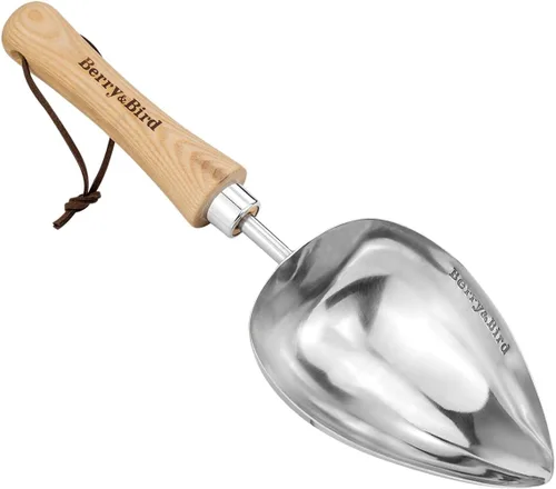 Berry&Bird Cuchara de tierra de gran tamaño, de acero inoxidable con mango de madera, cuchara de pala de mano multifunción para trasplantar, plantar