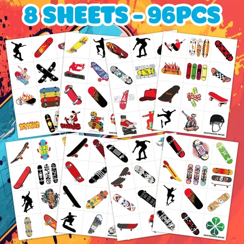 Miniatura 2 de 96 tatuajes temporales precortados para patineta, decoraciones de fiesta de cumpleaños con temática de patinaje, divertidas calcomanías para niños