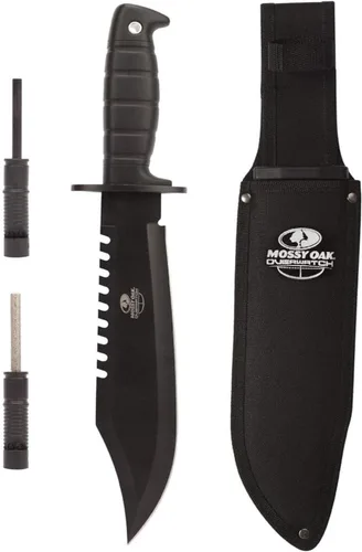 Miniatura 9 de Cuchillo de supervivencia Mossy Oak de hoja fija de 38 cm con funda, cuchillo táctico Bowie con afilador y arrancador de fuego para camping, al aire