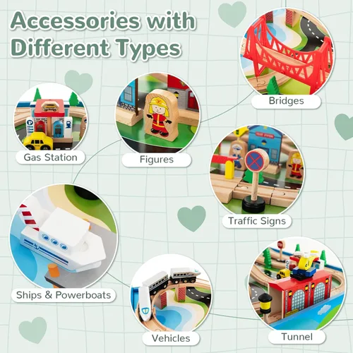 Miniatura 4 de Mesa de Tren INFANS, Juego de 80 Piezas de Madera para Niños con Juego de Actividad Reversible y Desmontable, Pistas, Tren, Ferrocarril, Ciudad