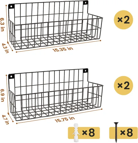 Miniatura 2 de Juego de 4 cestas colgantes de alambre de pared extragrandes, cestas de almacenamiento colgantes de pared, cesta de alambre colgante de metal
