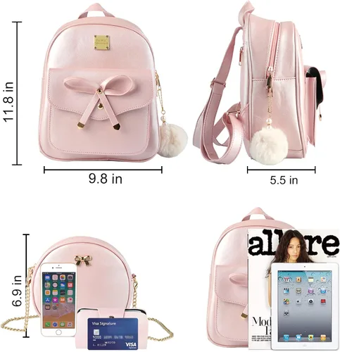 Miniatura 2 de ZGWJ Mini mochila de cuero con moño, mochila pequeña, linda mochila casual de viaje para niñas y mujeres, M, Mochilas tipo mochila