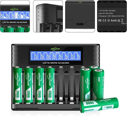 Miniatura 2 de Batería AA Ni-MH de 2800 mAh con cargador 8 pilas AA Ni-MH de 2800 mAh con 8 ranuras para cargador de batería, recarga hasta 1200 ciclos
