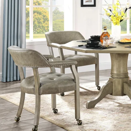 Miniatura 45 de Juego de 8 sillas de cuero de comedor con ruedas y brazos, silla de capitán Accent con ruedas, sillas de madera con ruedas enrollables para cocina