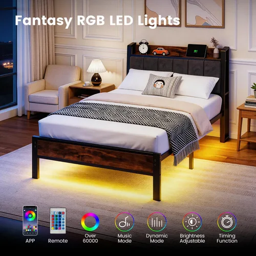 Miniatura 3 de Base de cama de tamaño individual con cabecera de almacenamiento y estación de carga, luces LED RGB inteligentes, cama de plataforma de metal