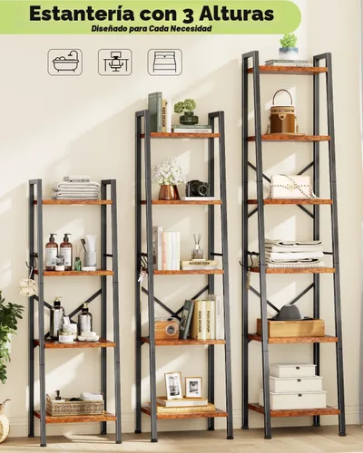 Miniatura 4 de Furologee Estantería de escalera de 5 niveles, estantería alta y estrecha con 2 ganchos, estante de esquina de baño marrón rústico, estante
