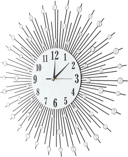 Miniatura 3 de Reloj de pared moderno con forma de flor de cristal 3D, 23.62 pulgadas, espejo plateado de metal vintage, brillante, con tachuelas de diamantes